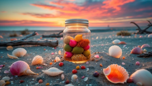 Colorful jar filled with decorative stones on sandy beach at sunset, with seashells scattered around photo