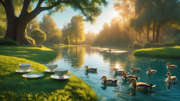Serene morning scene by a tranquil pond with ducks swimming and elegant teacups on the grass photo