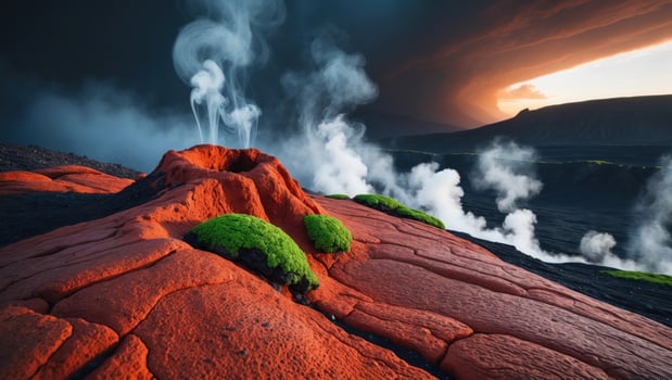 A vibrant volcanic landscape showcasing a smoking crater surrounded by lush green moss and dramatic skies photo