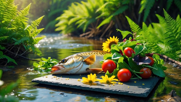 Freshly caught fish displayed on a slate with vibrant vegetables and flowers by a serene riverbank photo