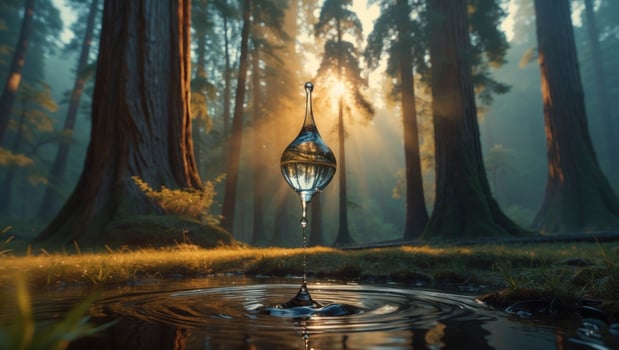 A serene forest scene featuring a water droplet suspended in mid-air, surrounded by towering trees and soft sunlight filtering through the foliage, creating a tranquil atmosphere photo