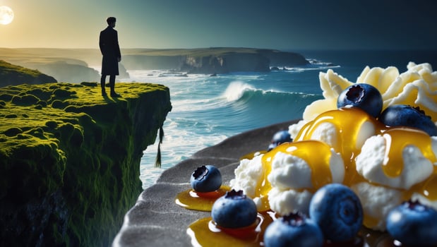 A solitary figure gazes at a dramatic coastal landscape while a gourmet dessert awaits on a plate photo
