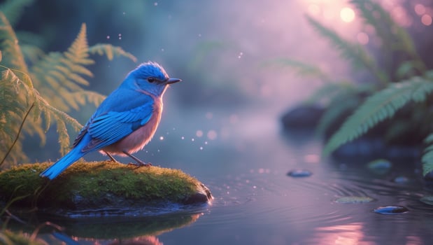 A serene bluebird perched on a mossy rock near a tranquil pond, surrounded by lush ferns at dawn photo