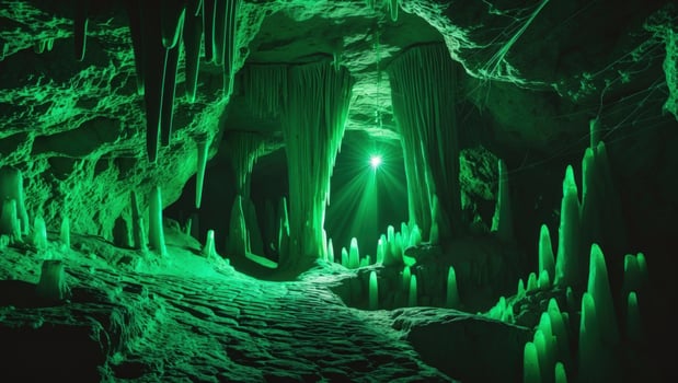 Enchanting green cave with stalactites and stalagmites illuminated by a mysterious light beam photo