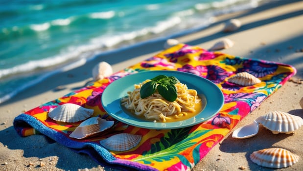 Delicious pasta dish served on a vibrant beach towel beside the ocean, with seashells scattered around photo