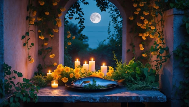 Serene moonlit scene featuring a fresh fish on a stone table surrounded by candles and flowers photo