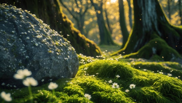 Serene forest landscape with lush greenery, blooming flowers, and soft sunlight filtering through trees photo