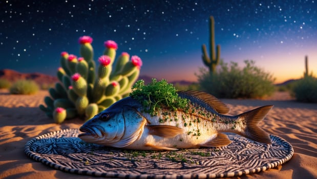 A beautifully arranged fish with herbs on a woven mat in a desert landscape under a starry sky photo