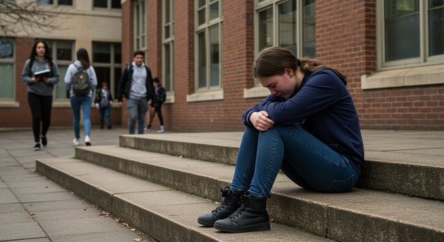 A young woman sitting on the steps of a school photo