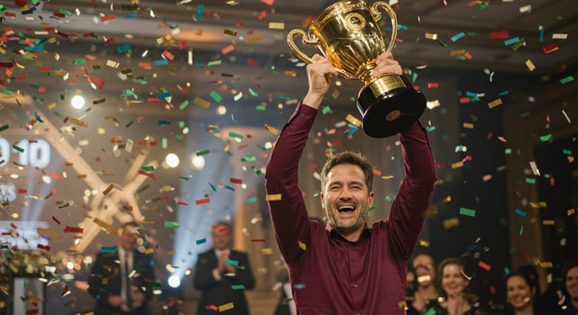 A man holding up a trophy in front of confetti photo