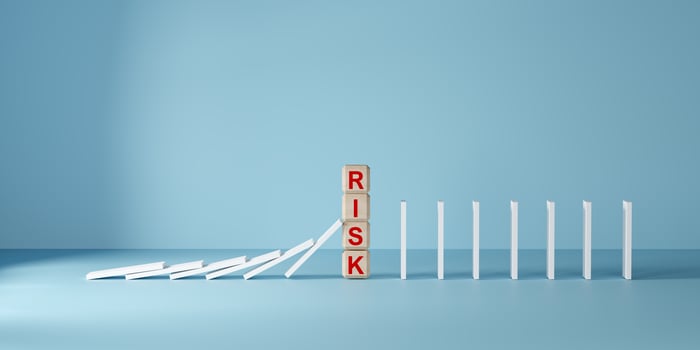 Risk management concept with falling dominoes stopped by RISK block, 3D render of white domino blocks, representing risk management, intervention, and business stability in financial crisis. photo