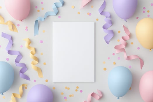 A decorative layout featuring various pastel-colored balloons and confetti arranged around a blank piece of paper for birthday card and invitation mockup. photo