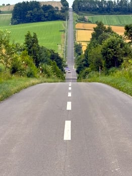 A peaceful country road stretches straight into the horizon, flanked by lush green fields and trees. The scenic view shows the charm of rural and invites exploration into its serene natural beauty. photo