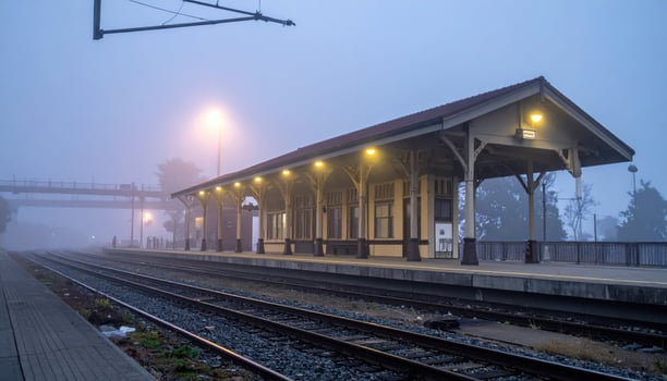 A train station is shown in the fog photo