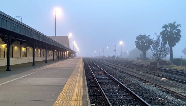 A train station in the fog with a train on the tracks photo
