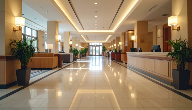 The lobby of a hotel with a reception desk and plants photo