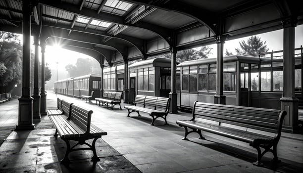 A train station with benches and a train photo
