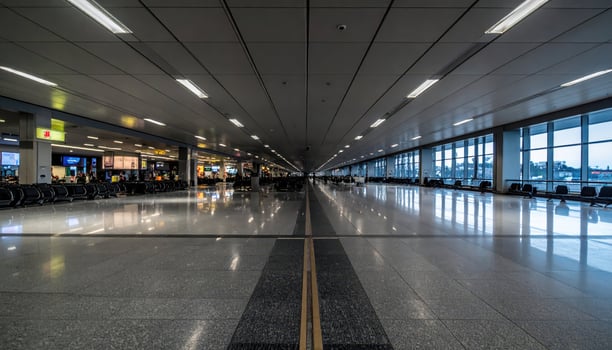 A long empty airport terminal with many windows photo