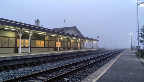 A train station with a foggy morning photo