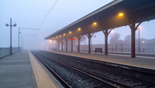 A train station with a foggy platform and train tracks photo