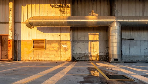 A large industrial building with a large pipe and a door photo