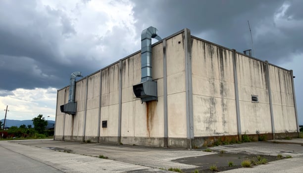 An abandoned industrial building with a large chimney photo
