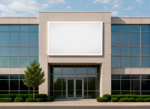 Modern Corporate Building Facade with Blank White Sign Mockup photo