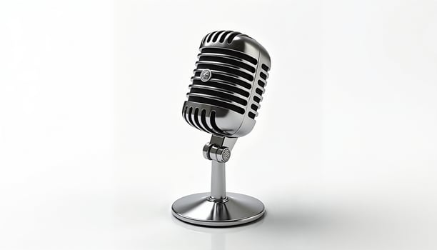 A vintage microphone stands prominently against a pristine white background. photo