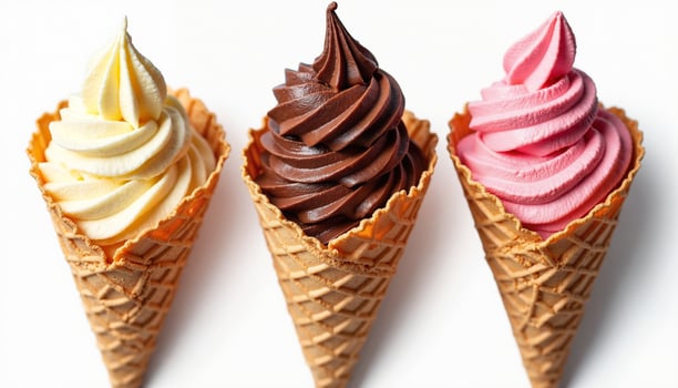 Three ice cream cones exhibit distinct flavors vanilla, chocolate, and strawberry, showcasing a harmonious blend of sweet treats. photo