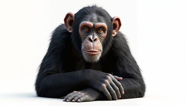 A black-furred monkey lies on a white background with its paws crossed. photo