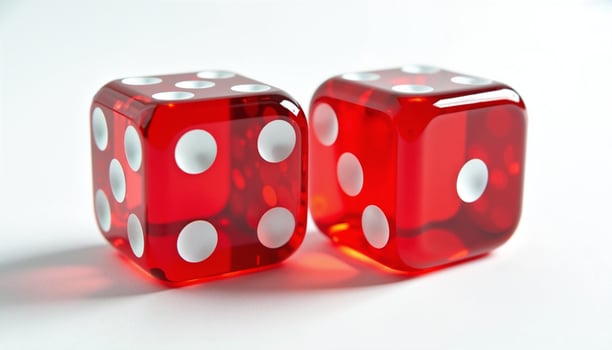 Red translucent dice with white pips, illuminated softly. photo