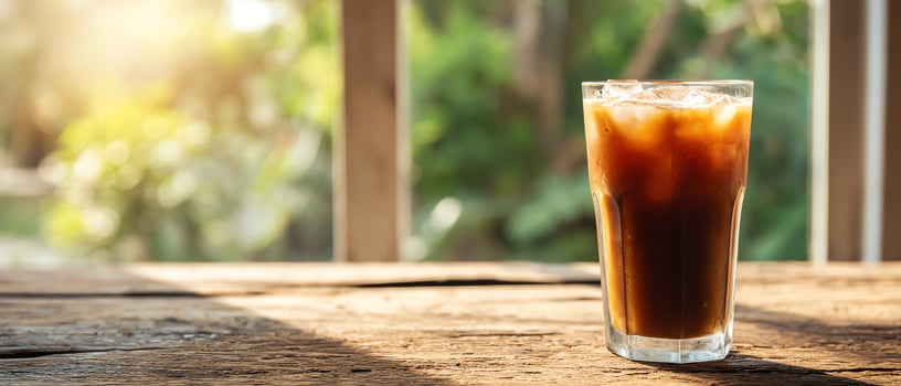Chilled glass of iced coffee on wooden table. photo