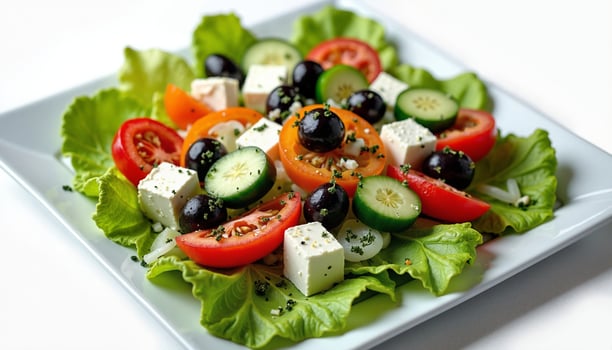 A beautifully plated salad with fresh greens, tomatoes, cucumbers, olives, and feta cheese. photo