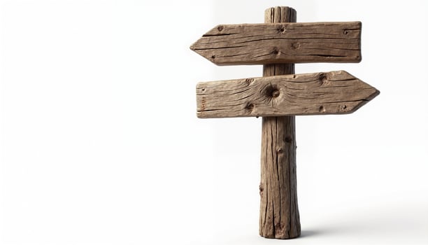 A rustic wooden signpost stands against a white background. photo