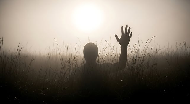 Mysterious silhouette of a person raising a hand in foggy field photo