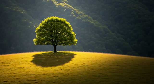 A lone green tree casts a shadow on a sunlit grassy hill photo