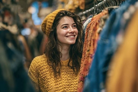 Young woman smiling and choosing clothes in a store photo