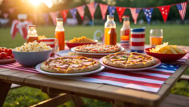 Vibrant outdoor picnic table set with pizzas, popcorn, chips, and patriotic decorations during sunset. photo