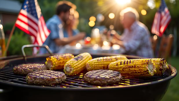 Warm Backyard BBQ Grill with Sizzling Burgers and Corn on the Cob at Golden Hour Sunset photo
