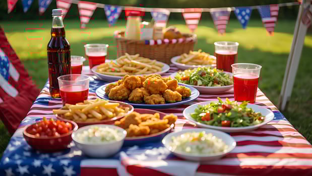 Vibrant American Flag Themed Outdoor Picnic with Assortment of Summer Foods and Drinks photo