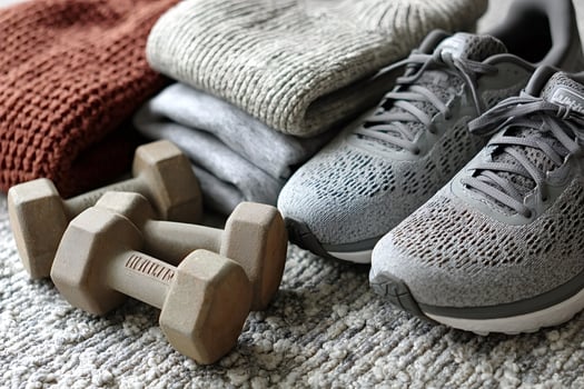Fitness clothing, dumbbells and running shoes for working out photo