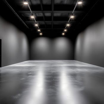 Industrial Studio Interior with Matte Black Wall Overhead Spotlight and Smooth Gray Floor Reflective Modern Space photo