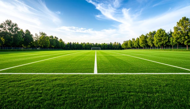 Isolated Football Pitch Under Soft Daylight Seamless Green Grass and Clear White Markings for Sports Background photo