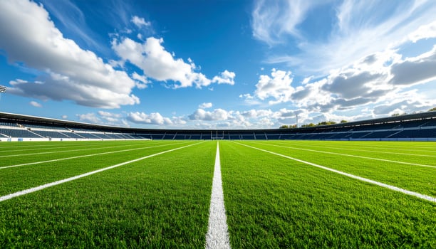 Low Angle View of Empty Football Field with Vibrant Green Grass and Clear White Markings Outdoor Sports Concept photo
