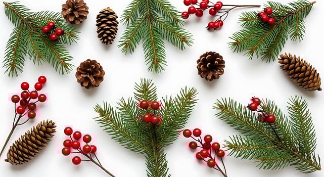 Festive christmas evergreen branches pinecones and red berries arrangement photo