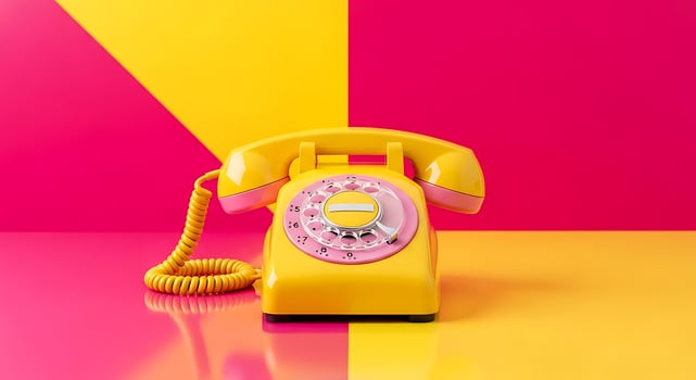 Vibrant yellow rotary phone on a bold pink and yellow background photo