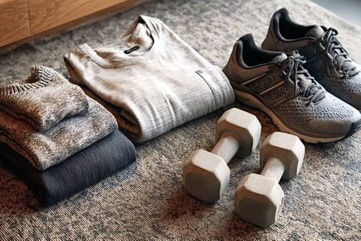 Sportswear, dumbbells and running shoes laid out on carpet photo