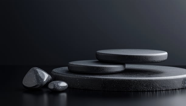 Natural Black Stones Composition For A Stylish Podium. Utilizing Ure For Cosmetic, Perfumery, Medicine, And Jewelry Purposes photo