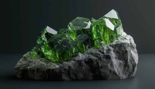 Natural Green Chrome Diopside Stone On A Dark Gray Podium. Ideal For Showcasing Perfumes, Jewelry, Cosmetics, And Medicines In Product Presentations photo