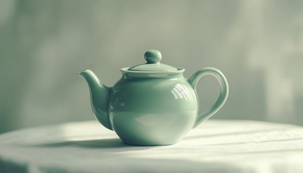 Elegant Light Green Porcelain Teapot Perfect For Brewing Tea On A White Background. Ideal For Tea Enthusiasts. Enhances Tea Drinking Experience photo